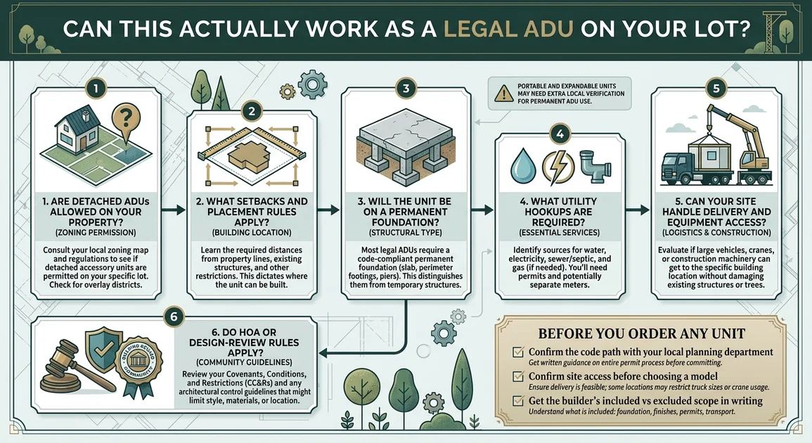Can this actually work as a legal ADU on your lot? 6-step infographic covering zoning permission, setbacks and placement, permanent foundation requirement, utility hookups, delivery and equipment access, and HOA or design-review rules