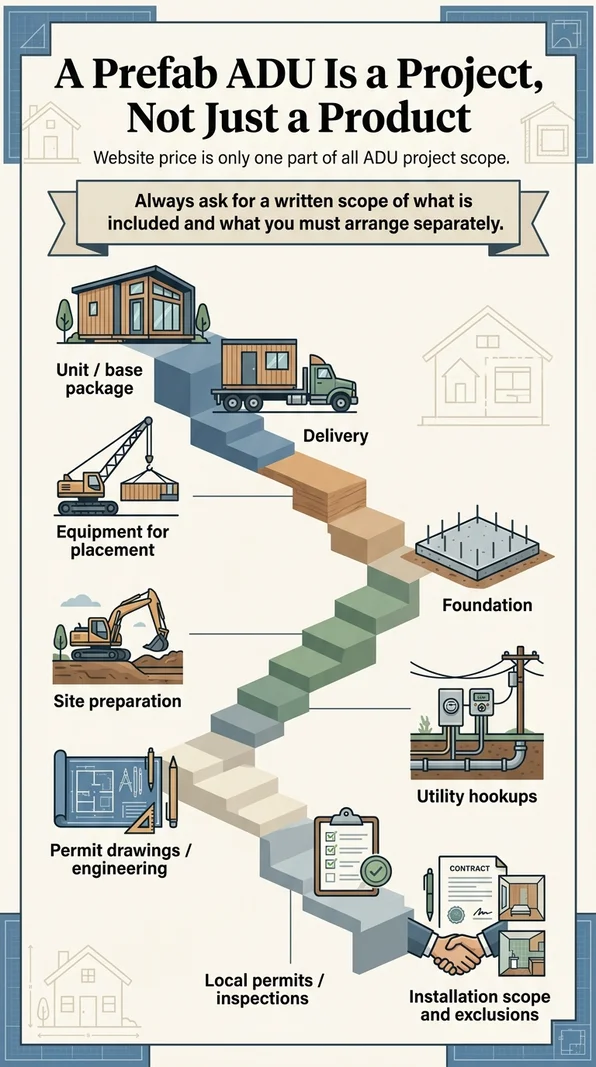 A prefab ADU is a project, not just a product: staircase infographic showing all components beyond the unit price including delivery, crane placement, foundation, site preparation, utility hookups, permit drawings, local permits, installation scope, and exclusions