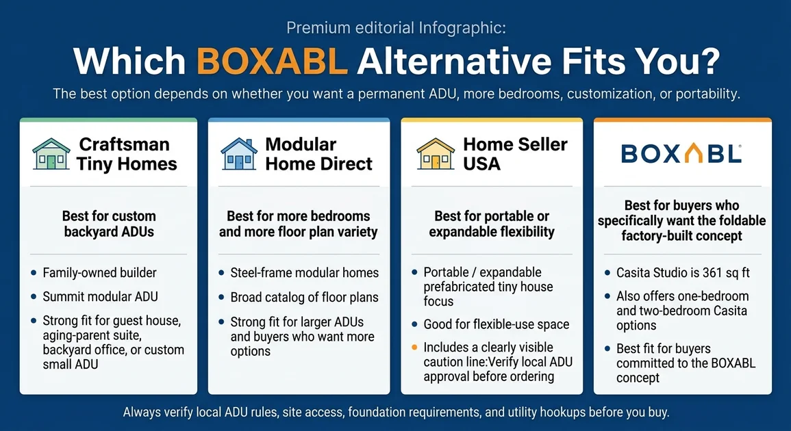Which BOXABL alternative fits you? Infographic comparing Craftsman Tiny Homes (custom backyard ADUs), Modular Home Direct (more bedrooms and variety), Home Seller USA (portable/expandable), and BOXABL itself (foldable factory concept)
