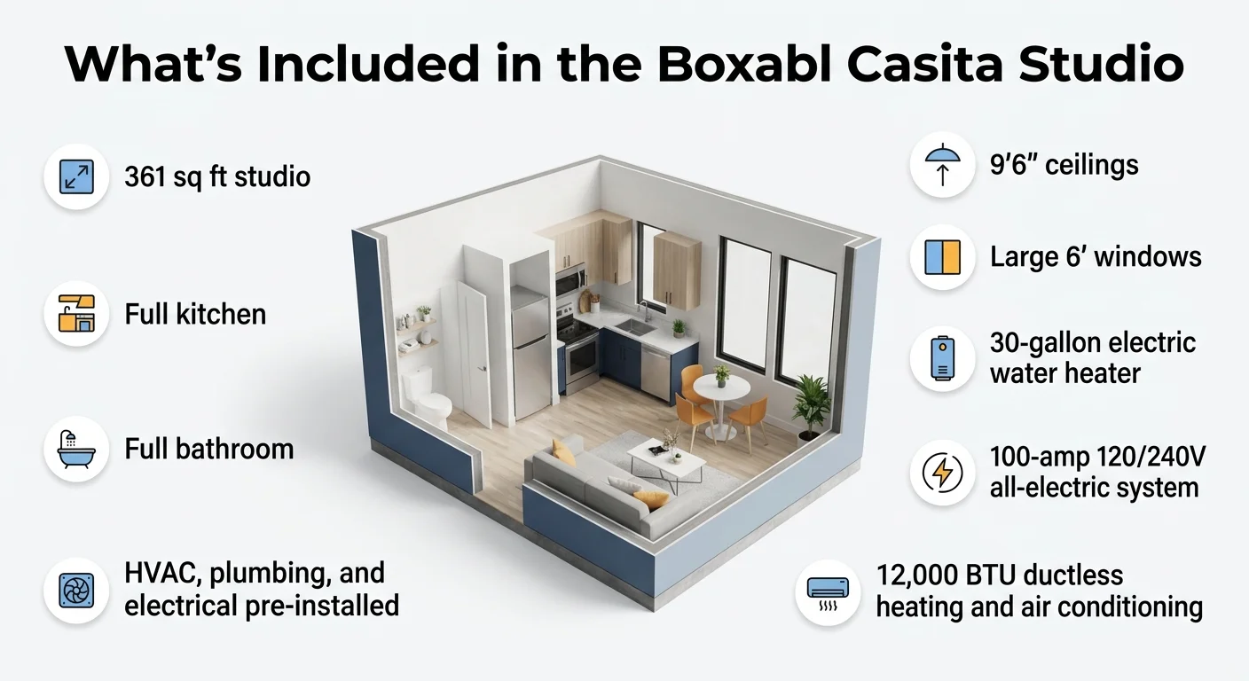 Infographic showing what's included in the Boxabl Casita Studio: 361 sq ft, full kitchen, full bathroom, HVAC/plumbing/electrical pre-installed, 9'6 ceilings, large windows, 30-gallon water heater, 100-amp electrical, 12000 BTU ductless HVAC