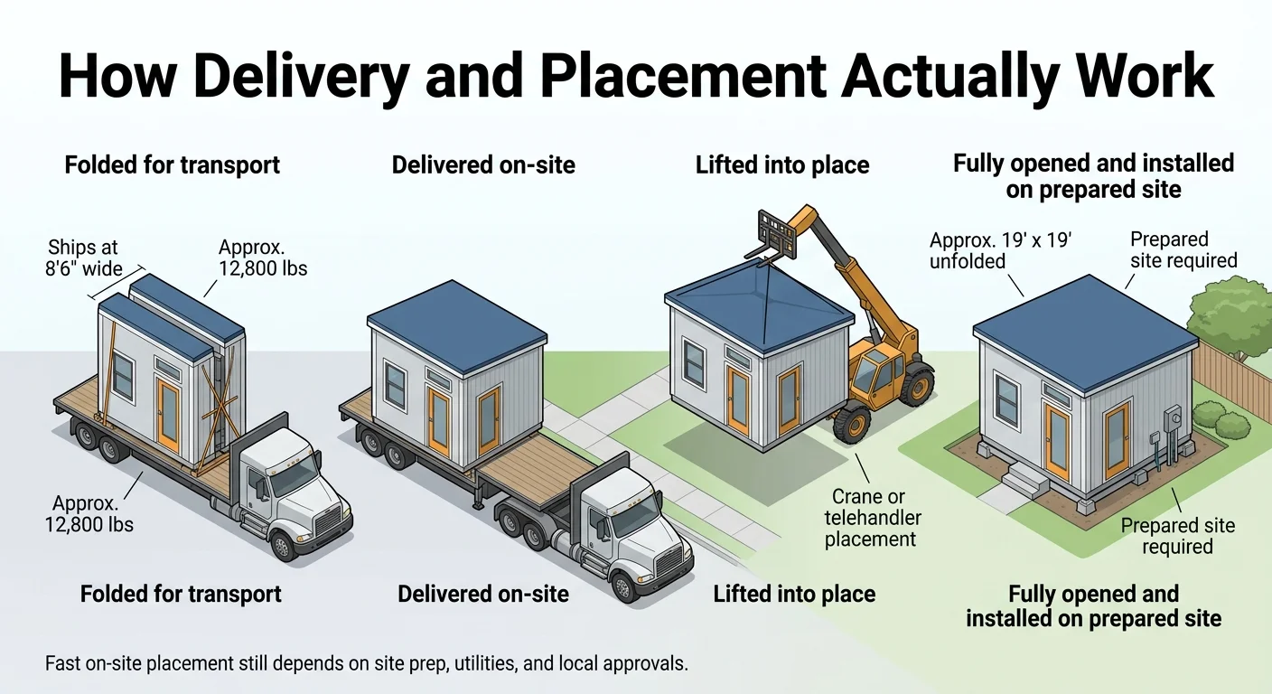 Infographic showing how Boxabl delivery and placement works in four steps: folded for transport at 8'6 wide and 12800 lbs, delivered on-site, lifted into place by crane or telehandler, and fully opened and installed on a prepared site at approximately 19 by 19 feet