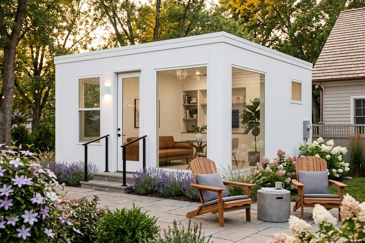 White modern prefab ADU with large glass door and Adirondack chairs on a stone patio surrounded by flowering gardens — a Boxabl alternative example