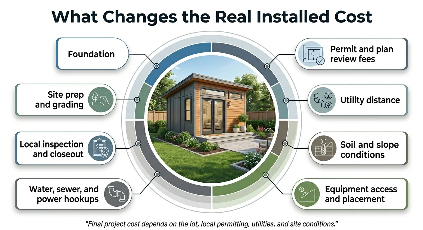 Infographic showing what changes the real installed cost of a Boxabl Casita ADU: foundation, site prep and grading, permit and plan review fees, utility distance, soil and slope conditions, local inspection, water sewer and power hookups, and equipment access