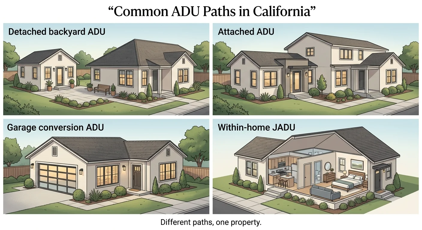 Illustration showing four common ADU paths in California: Detached backyard ADU (separate structure in backyard), Attached ADU (addition connected to main house), Garage conversion ADU (existing garage converted to living space), and Within-home JADU (Junior ADU carved from existing interior space)