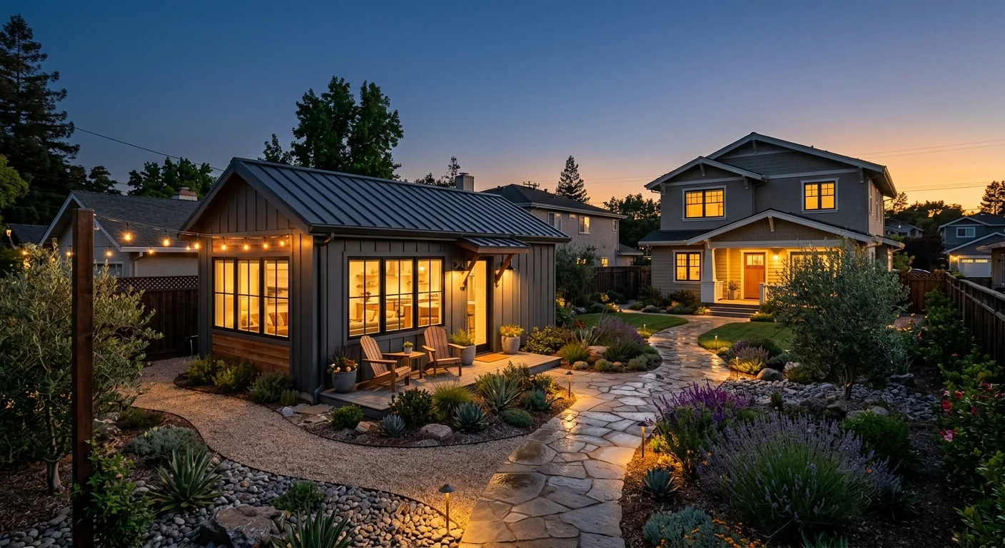 Completed California ADU at dusk — detached backyard unit with dark board-and-batten siding, standing seam metal roof, warm interior lights glowing through large windows, string lights on patio, drought-tolerant California landscaping, craftsman main house in background