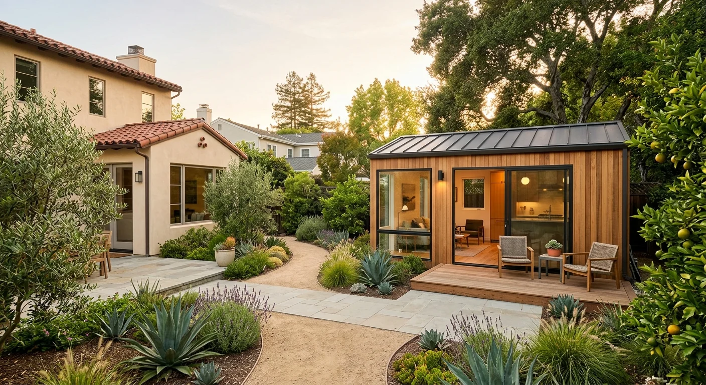 Cedar-clad detached ADU in a California backyard surrounded by drought-resistant native plants and agave at sunset — example of a backyard ADU built without the CalHFA grant