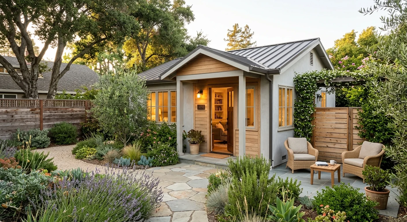 Charming California cottage-style ADU with warm interior lighting viewed through open door, surrounded by lavender and flagstone pathway in an evening garden — built without grant funding