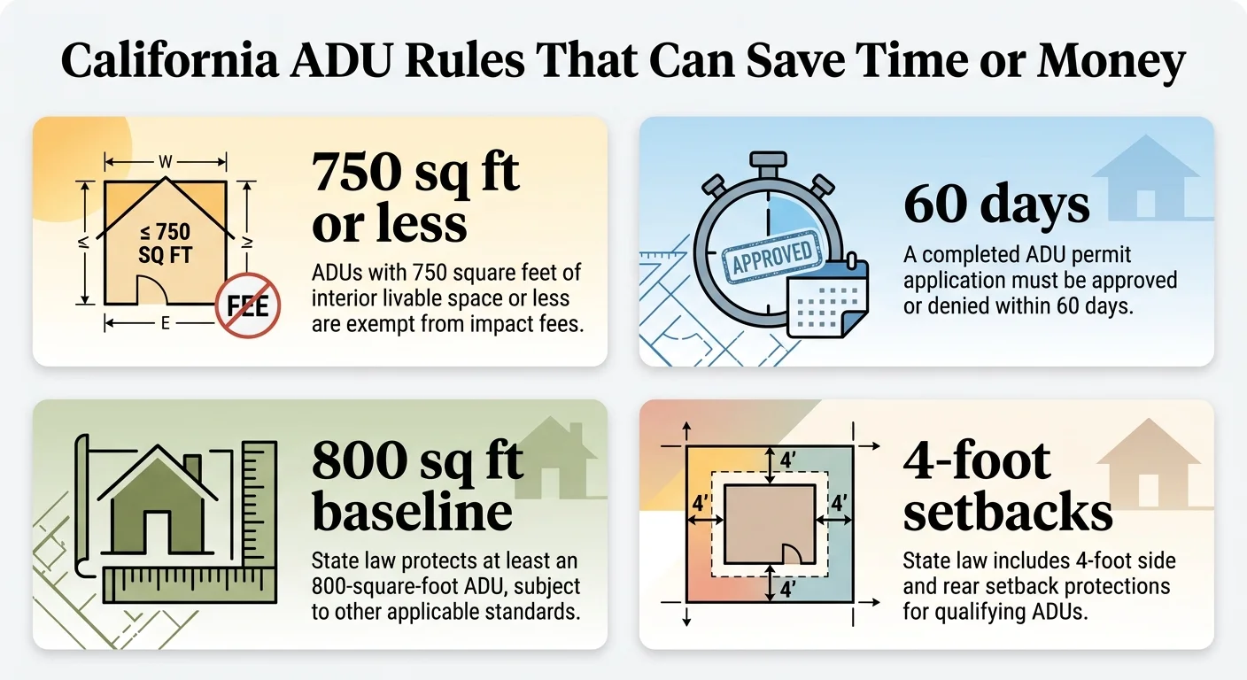 California ADU Rules That Can Save Time or Money: 750 sq ft or less exempt from impact fees, 60-day permit approval requirement, 800 sq ft baseline size protection, and 4-foot setback protections