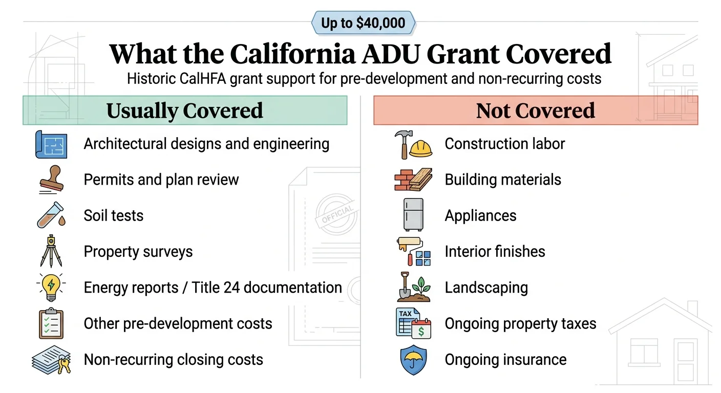 Infographic: What the California ADU Grant Covered — up to $40,000 for pre-development costs including architectural designs, permits, soil tests, surveys, energy reports, and non-recurring closing costs. Not covered: construction labor, building materials, appliances, interior finishes, landscaping, property taxes, insurance.