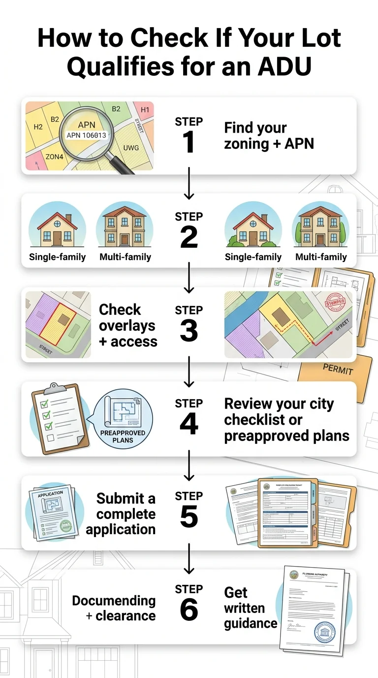 Infographic showing 6 steps to check if your California lot qualifies for an ADU: Step 1 Find your zoning and APN, Step 2 Identify single-family or multi-family property type, Step 3 Check overlays and access, Step 4 Review your city checklist or preapproved plans, Step 5 Submit a complete application, Step 6 Get written guidance