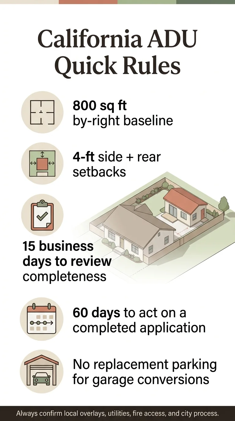 California ADU Quick Rules infographic: 800 sq ft by-right baseline, 4-ft side and rear setbacks, 15 business days to review completeness, 60 days to act on a completed application, no replacement parking for garage conversions. Always confirm local overlays, utilities, fire access, and city process.