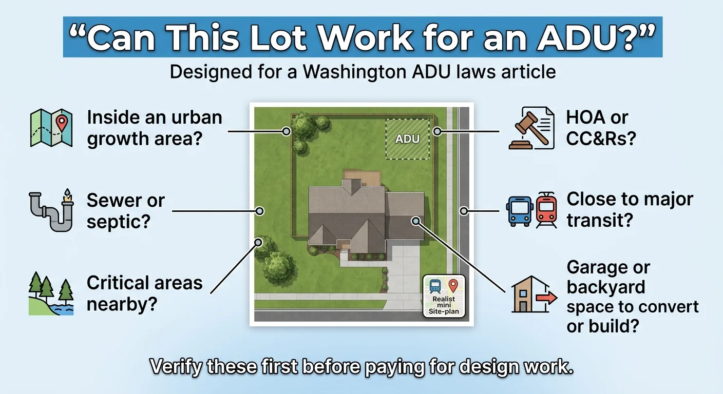 Can This Lot Work for an ADU? — Washington ADU site checklist infographic showing 6 factors to verify before paying for design work: Inside an urban growth area? Sewer or septic? Critical areas nearby? HOA or CC&Rs? Close to major transit? Garage or backyard space to convert or build?