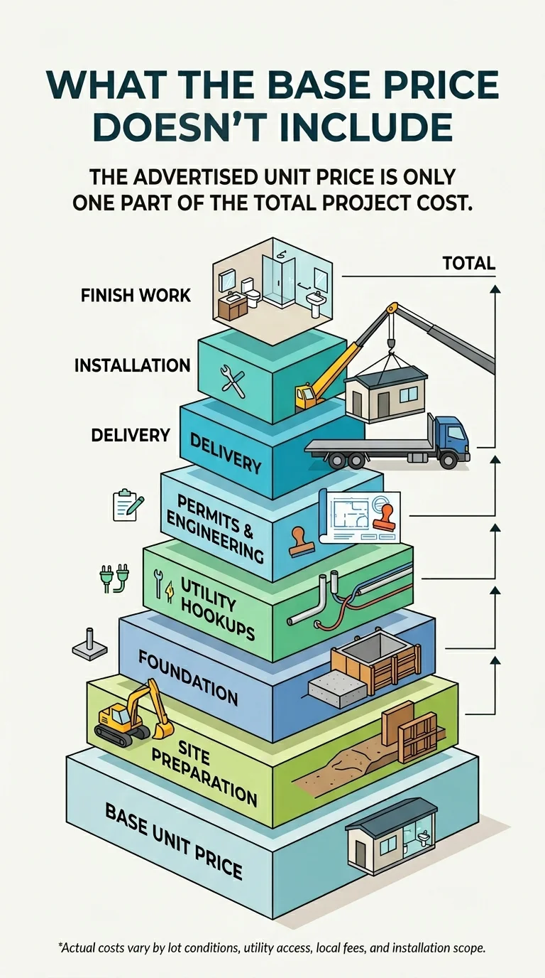 Pyramid infographic titled 'What the Base Price Doesn't Include' showing layers of prefab ADU project costs from bottom to top: base unit price, site preparation, foundation, utility hookups, permits and engineering, delivery, installation, and finish work — illustrating that the advertised unit price is only one part of the total project cost