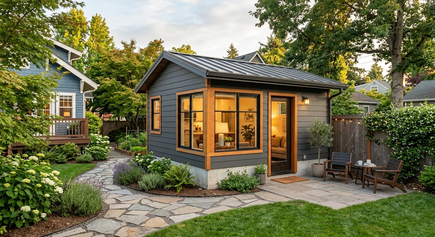 Gray board-and-batten backyard ADU cottage with warm amber window light, large picture windows with wood trim, flagstone patio, and mature garden landscaping at dusk — illustrating a mid-range affordable prefab ADU option