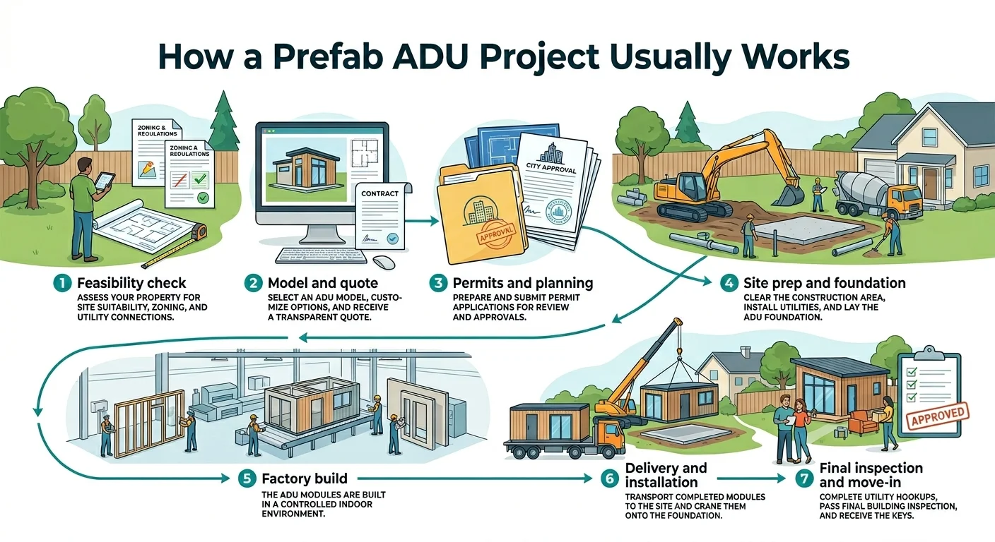 Illustrated infographic titled 'How a Prefab ADU Project Usually Works' showing seven steps: feasibility check, model selection and quote, permits and planning, site prep and foundation, factory build, delivery and installation, and final inspection and move-in — with arrows showing that factory build runs concurrently with site prep
