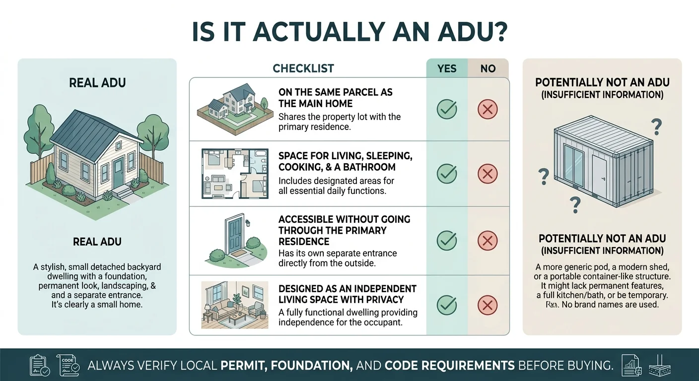 Infographic titled 'Is It Actually an ADU?' with a four-item checklist comparing a real ADU (on same parcel as main home, space for living/sleeping/cooking/bathroom, accessible without going through main residence, designed as independent living space) versus a pod or container structure that potentially fails these criteria — with the instruction to always verify local permit, foundation, and code requirements before buying