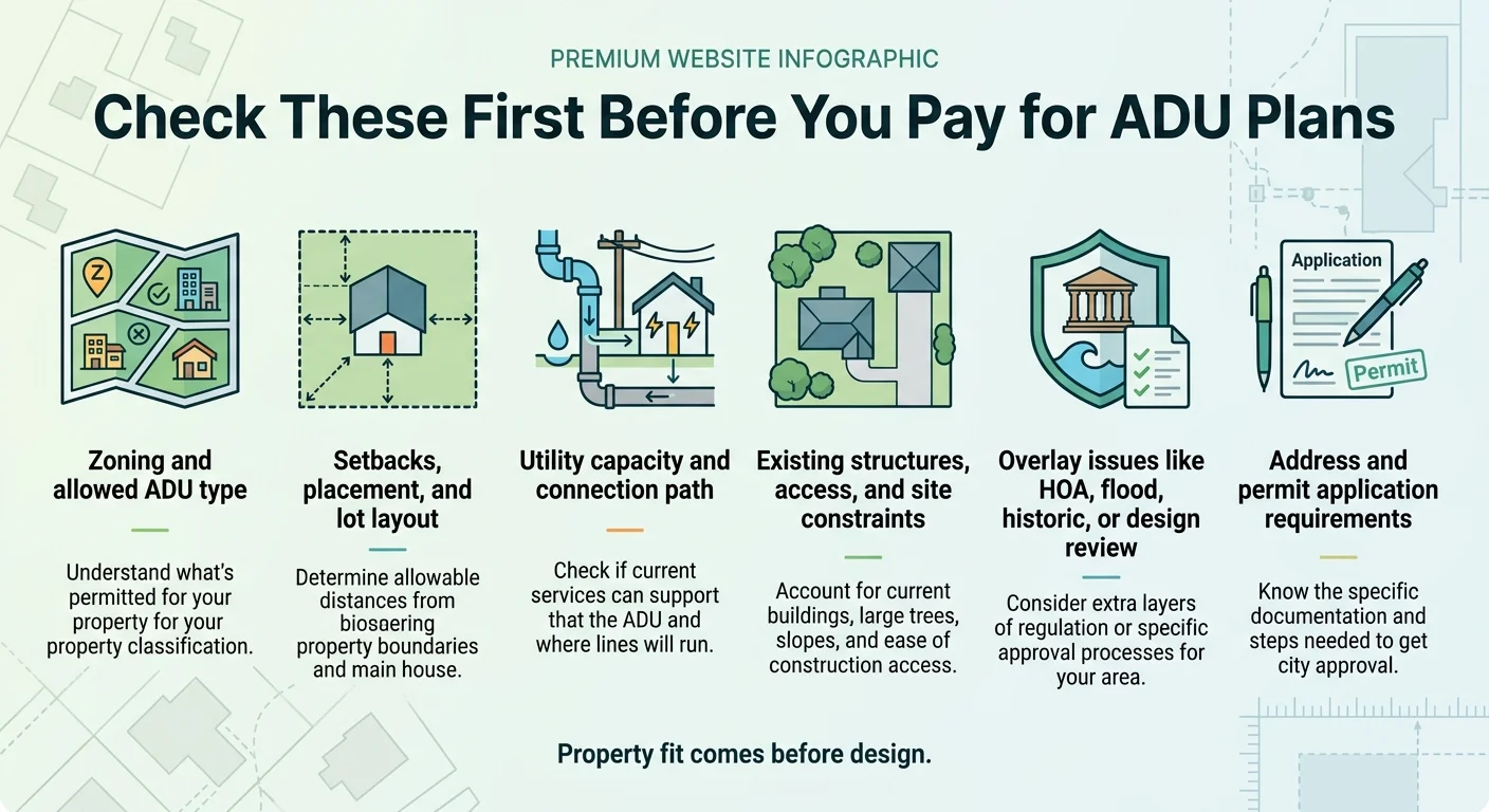 Check these first before you pay for ADU plans — infographic showing 6 checks: zoning and allowed ADU type, setbacks and lot layout, utility capacity, existing structures and site constraints, overlay issues like HOA and flood, address and permit application requirements