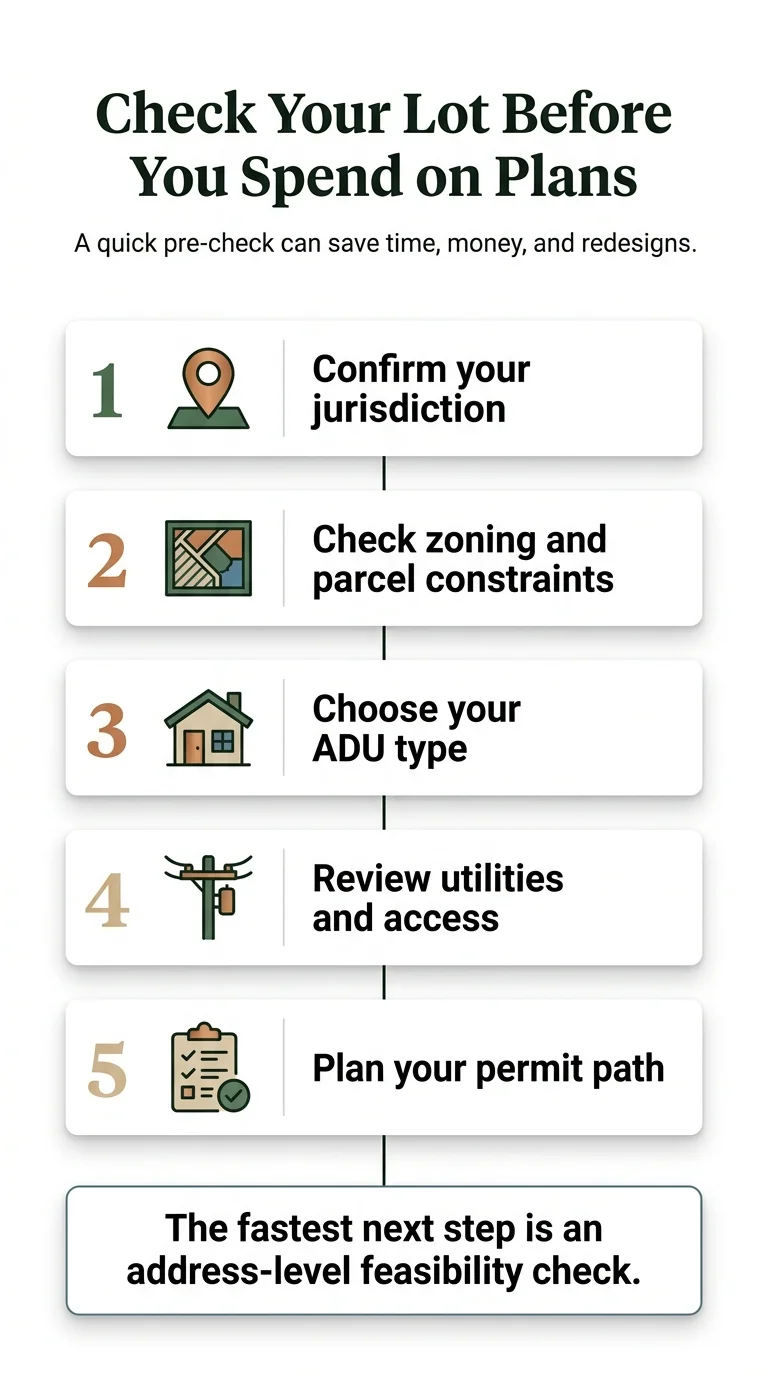 Infographic: Check Your Lot Before You Spend on Plans — 5 steps: 1. Confirm your jurisdiction, 2. Check zoning and parcel constraints, 3. Choose your ADU type, 4. Review utilities and access, 5. Plan your permit path. The fastest next step is an address-level feasibility check.