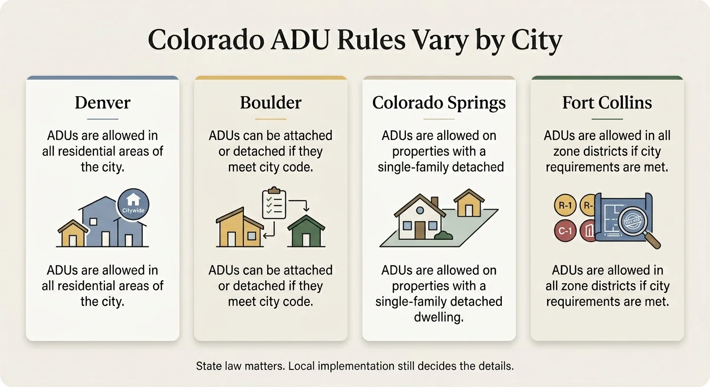 Infographic: Colorado ADU Rules Vary by City — four panels comparing Denver (ADUs allowed in all residential areas), Boulder (attached or detached if they meet city code), Colorado Springs (allowed on single-family detached properties), and Fort Collins (allowed in all zone districts if city requirements are met)
