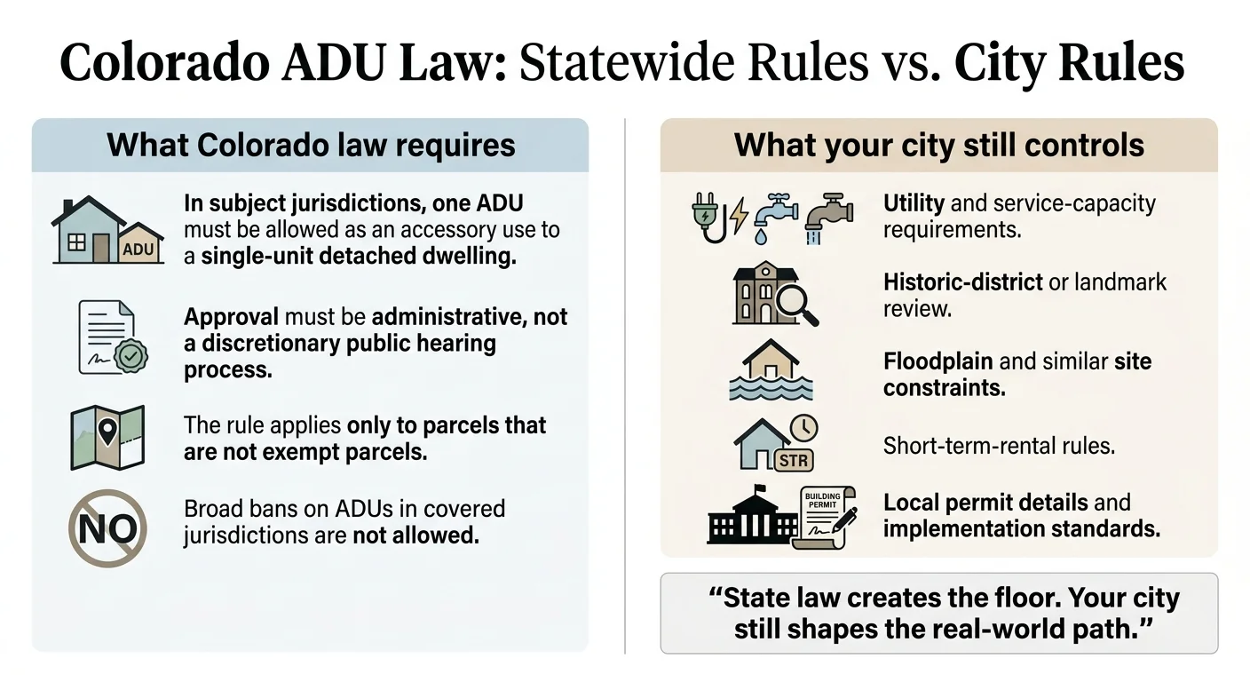 Infographic: Colorado ADU Law — Statewide Rules vs. City Rules. Left column shows what Colorado state law requires (one ADU allowed, administrative approval, applies to non-exempt parcels, bans on ADUs are not allowed). Right column shows what cities still control (utility and service-capacity requirements, historic-district review, floodplain constraints, short-term-rental rules, local permit details).