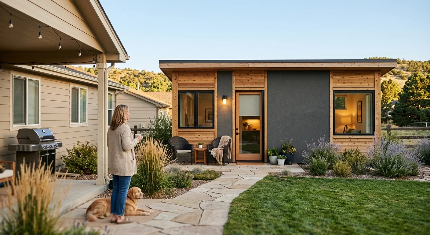 Colorado homeowner standing with her golden retriever on a flagstone patio at dusk, looking at a modern detached backyard ADU with cedar and stucco exterior, warm interior lighting, and native landscape plantings
