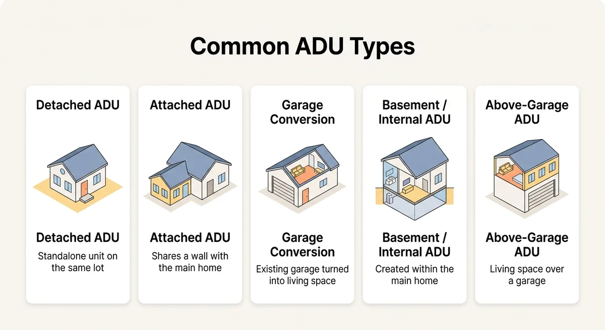 Infographic showing five common ADU types: detached ADU, attached ADU, garage conversion, basement or internal ADU, and above-garage ADU — with illustrations and descriptions for each type