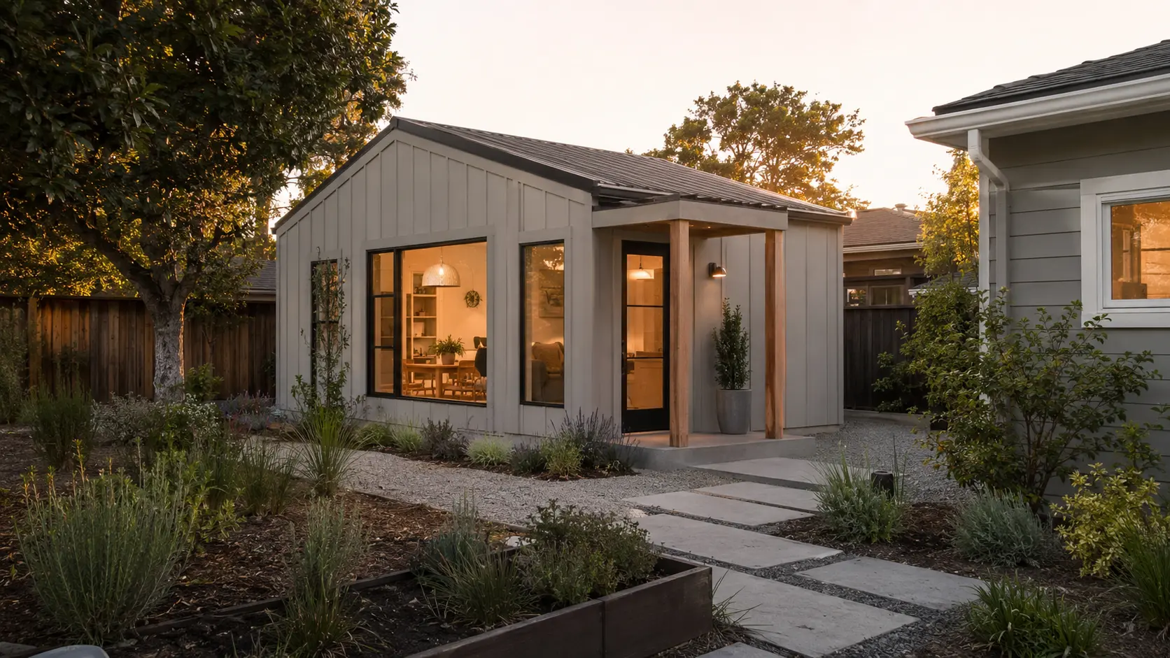 Finished ADU built from a panelized kit — board-and-batten siding, steel-framed windows, and a landscaped backyard path at dusk.