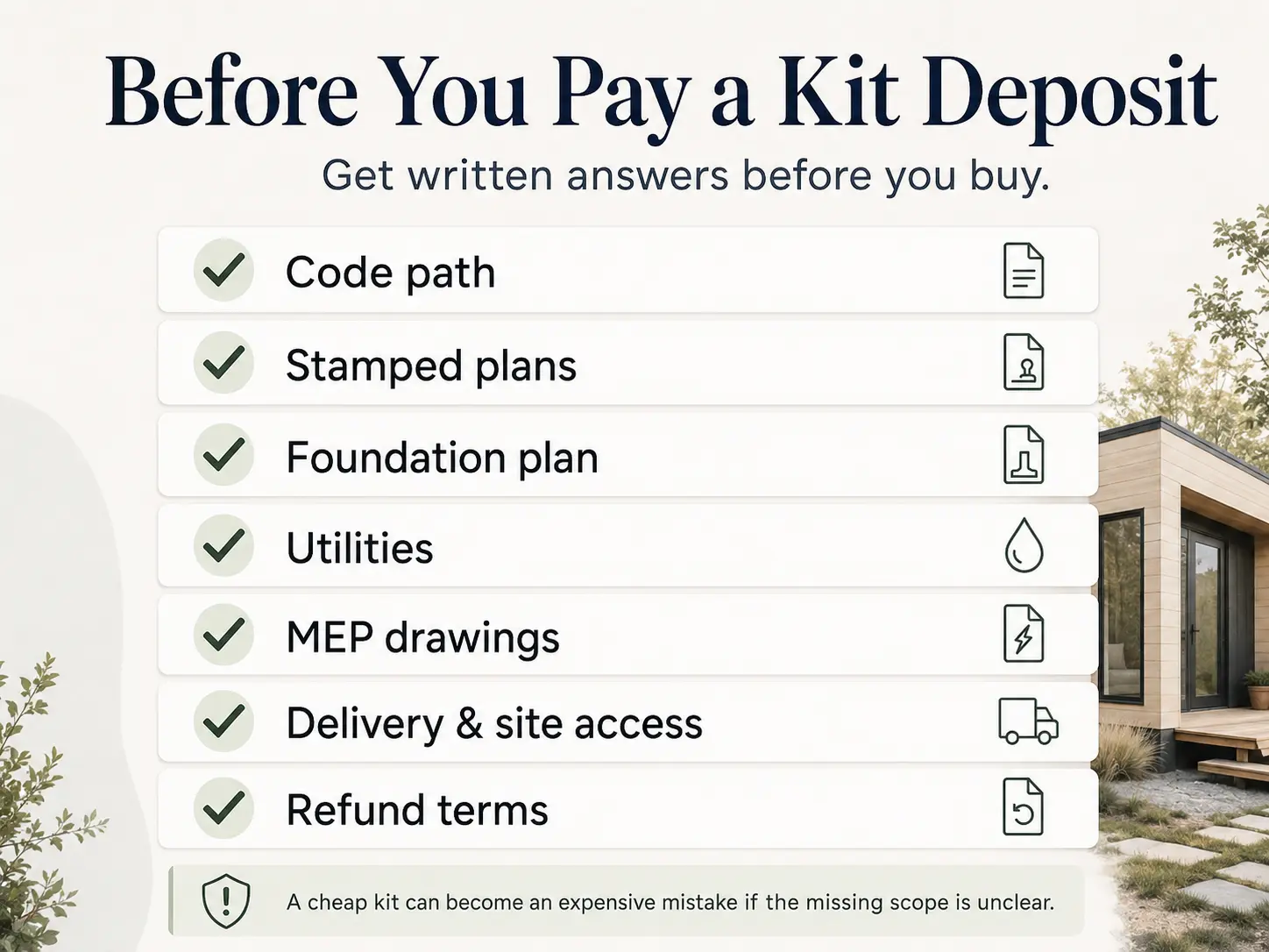 Checklist graphic: Before You Pay a Kit Deposit — get written answers on code path, stamped plans, foundation plan, utilities, MEP drawings, delivery and site access, and refund terms.