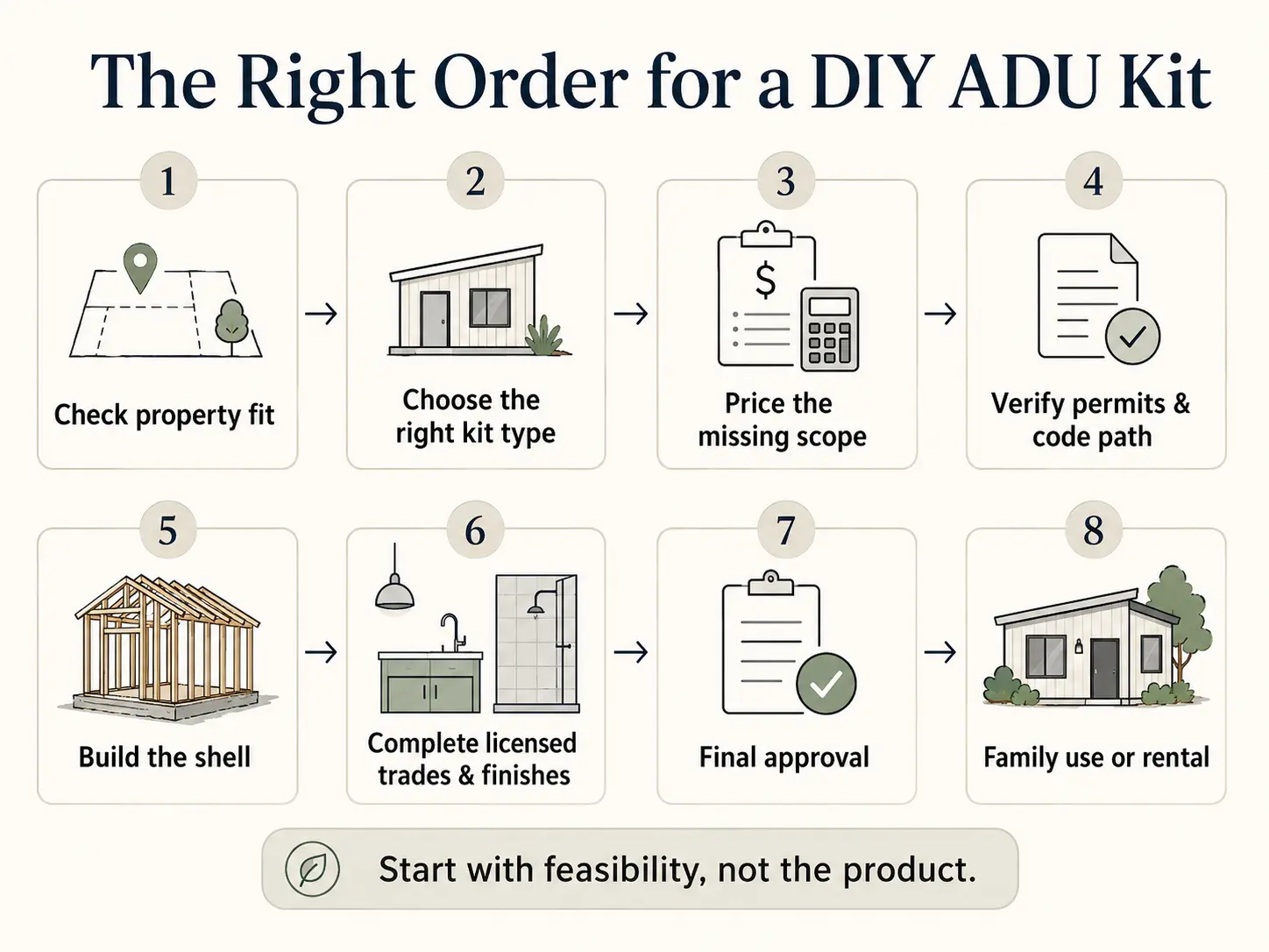 Diagram: The Right Order for a DIY ADU Kit — 8 steps from check property fit through choose kit type, price missing scope, verify permits and code path, build the shell, complete licensed trades and finishes, final approval, to family use or rental. Caption: Start with feasibility, not the product.