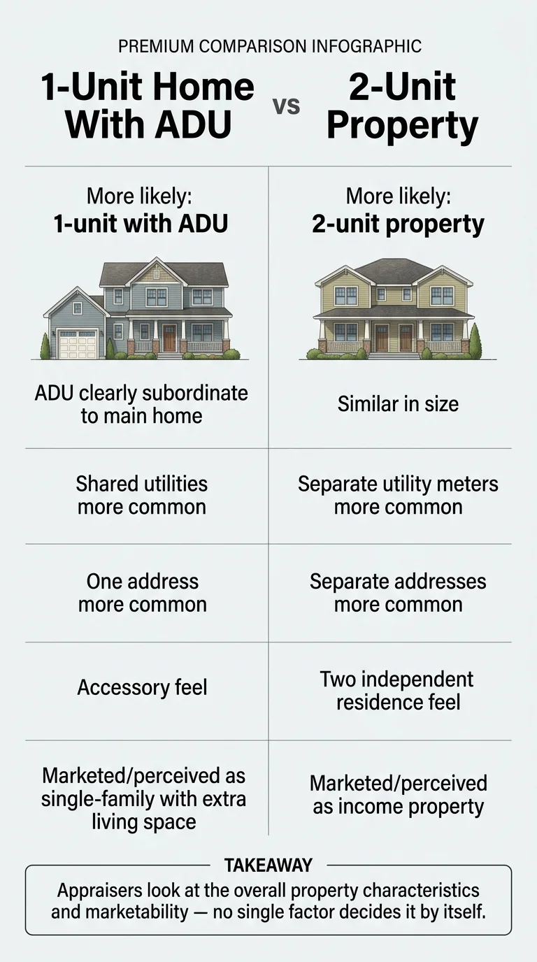Premium comparison infographic: 1-Unit Home With ADU vs 2-Unit Property. Left column shows 1-unit with ADU characteristics: ADU clearly subordinate to main home, shared utilities more common, one address more common, accessory feel, marketed as single-family with extra living space. Right column shows 2-unit property: similar in size, separate utility meters, separate addresses, two independent residence feel, marketed as income property. Bottom takeaway: Appraisers look at overall property characteristics and marketability — no single factor decides it by itself.