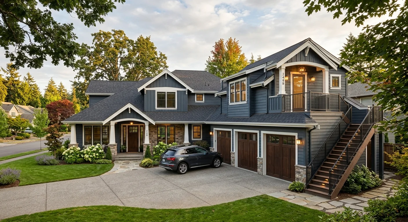 Navy-blue craftsman home with an above-garage ADU accessed by a steel exterior staircase, two-car garage with wood panel doors, sedan in driveway, lush hydrangea landscaping at dusk with warm interior lighting