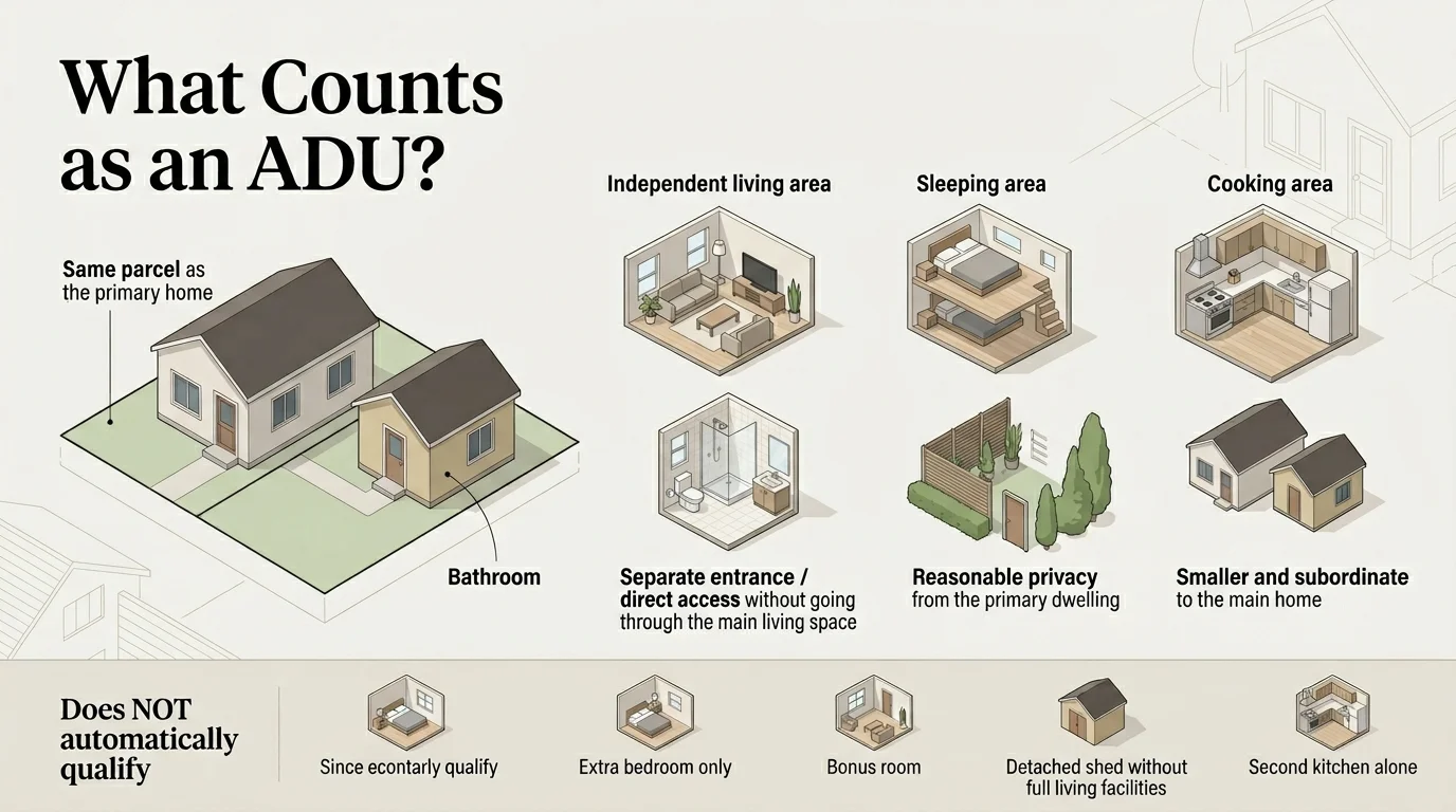 Infographic titled 'What Counts as an ADU?' showing six required features in isometric illustration panels: independent living area, sleeping area, cooking area, bathroom, separate entrance with direct access without going through the main living space, and reasonable privacy from the primary dwelling. Bottom row shows what does NOT automatically qualify: extra bedroom only, bonus room, detached shed without full living facilities, and second kitchen alone.