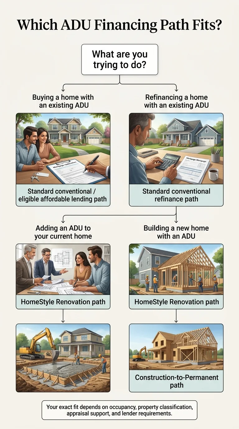 Flowchart infographic titled 'Which ADU Financing Path Fits?' with four branches from 'What are you trying to do?': Buying a home with an existing ADU leads to standard conventional or eligible affordable lending path; Refinancing a home with an existing ADU leads to standard conventional refinance path; Adding an ADU to your current home leads to HomeStyle Renovation path; Building a new home with an ADU leads to HomeStyle Renovation path then Construction-to-Permanent path. Footer: Your exact fit depends on occupancy, property classification, appraisal support, and lender requirements.