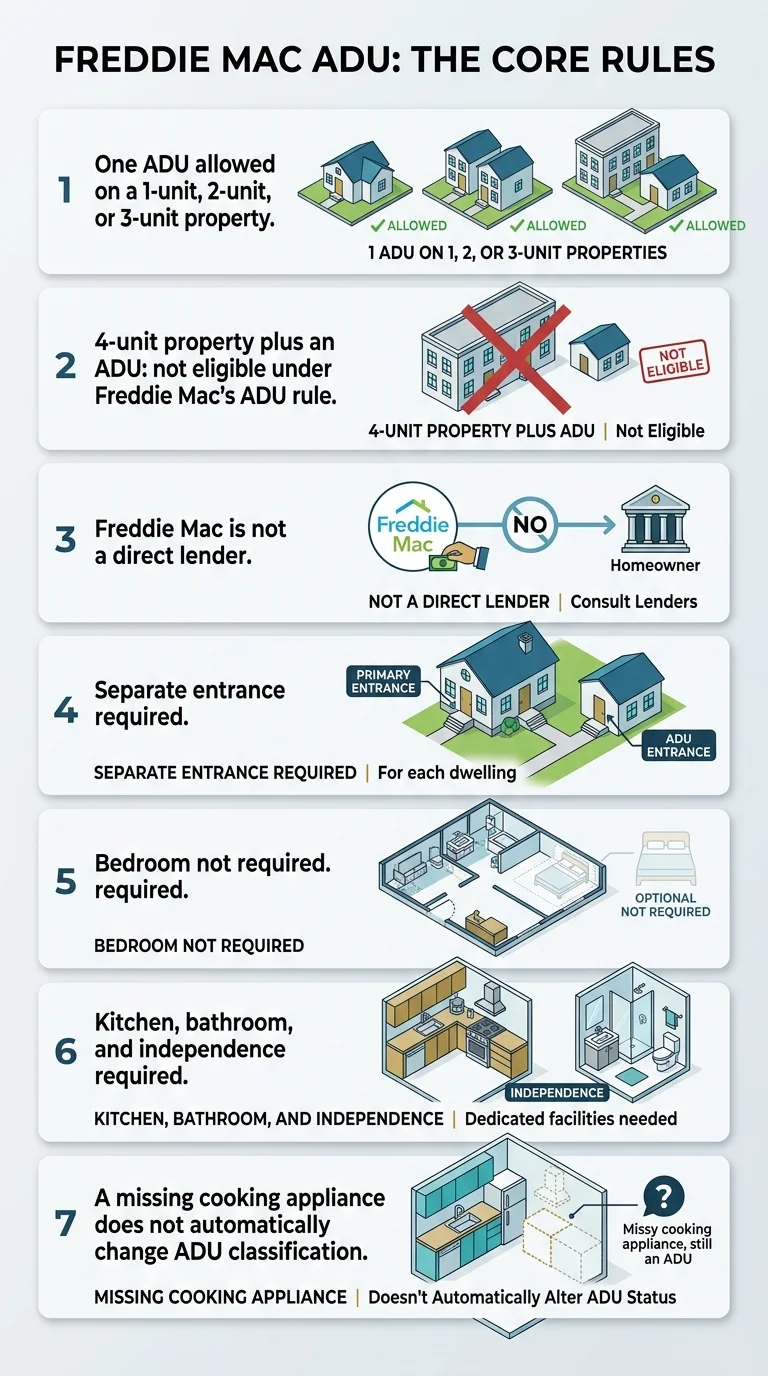 Freddie Mac ADU core rules infographic: one ADU allowed on 1-, 2-, or 3-unit properties; 4-unit not eligible; Freddie Mac is not a direct lender; separate entrance required; bedroom not required; kitchen and bathroom required