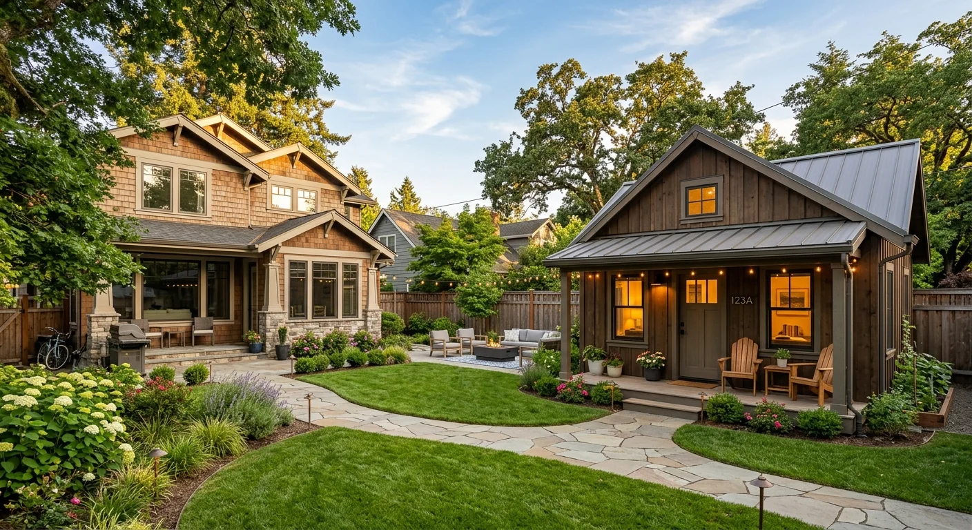 Large craftsman-style primary home and detached ADU with warm porch lights glowing at dusk, connected by a curved flagstone path through a lush garden