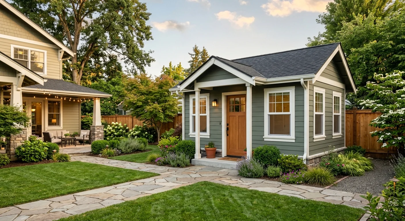 Sage green detached ADU with wood front door and white trim, connected to the primary home by a flagstone path through a landscaped backyard