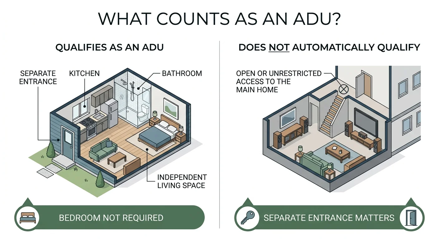 Infographic showing what counts as an ADU under Freddie Mac: separate entrance, kitchen, bathroom, and independent living space qualify; open or unrestricted access to the main home does not automatically qualify