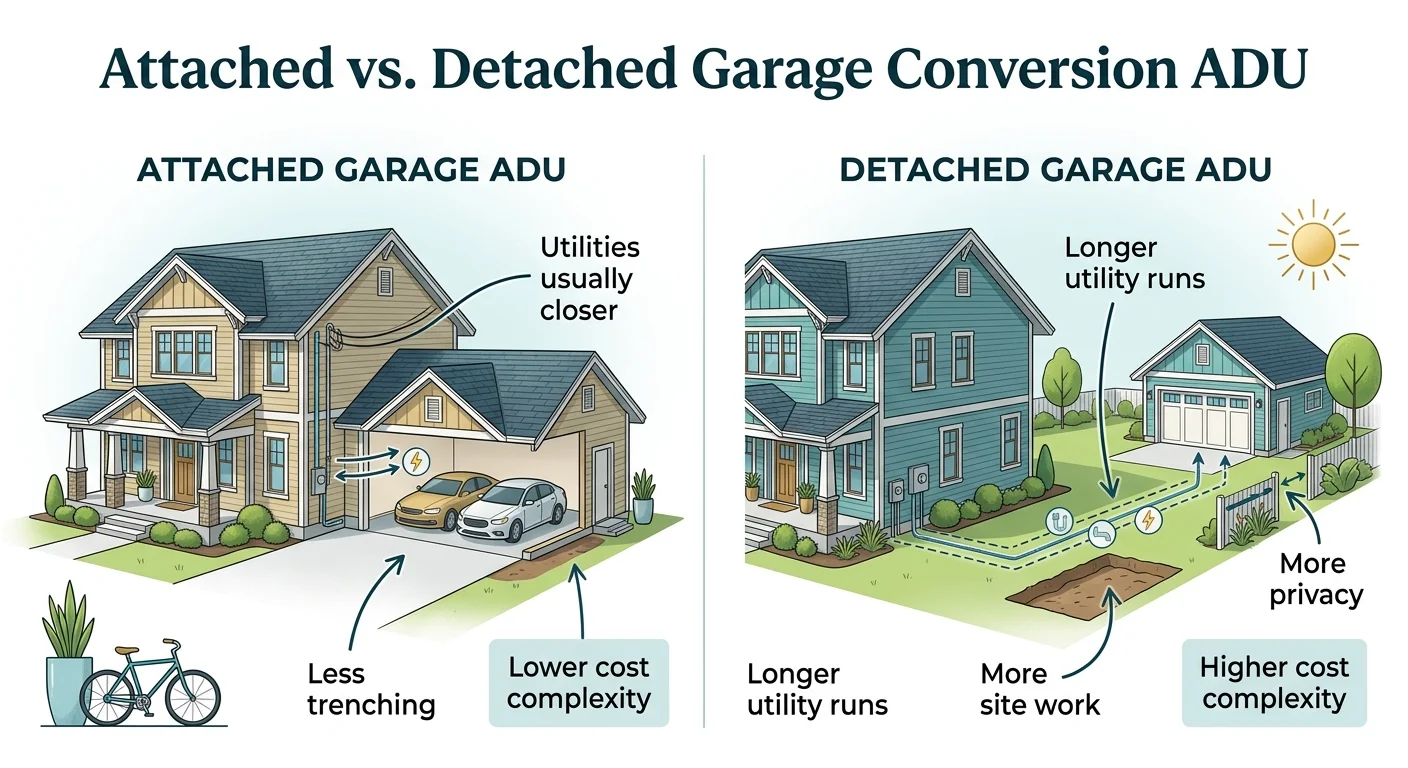 Infographic comparing attached vs detached garage conversion ADU costs: Attached garage ADU shows utilities usually closer, less trenching, and lower cost complexity. Detached garage ADU shows longer utility runs, more site work, more privacy, and higher cost complexity.