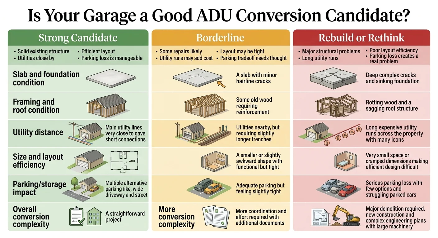 Infographic: Is Your Garage a Good ADU Conversion Candidate? Three-column scorecard comparing Strong Candidate, Borderline, and Rebuild or Rethink across six factors: slab and foundation condition, framing and roof condition, utility distance, size and layout efficiency, parking and storage impact, and overall conversion complexity. Strong candidates have solid structure, efficient layout, utilities close by, and manageable parking loss. Red flags include major structural problems, deep cracks, rotting wood, long utility runs, and poor layout efficiency.