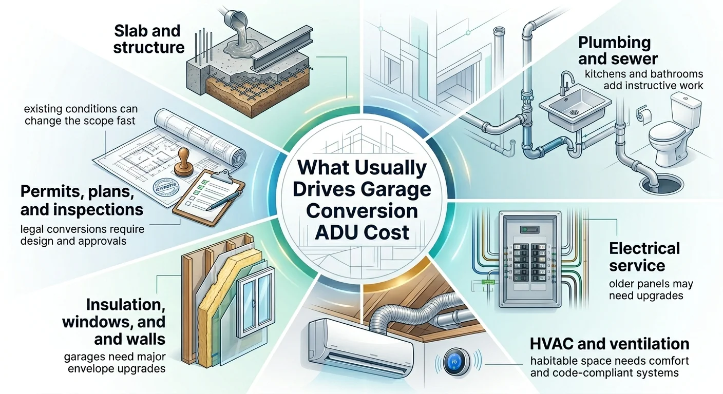 Infographic: What Usually Drives Garage Conversion ADU Cost — six factors shown in a radial layout: Slab and structure (existing conditions can change the scope fast), Plumbing and sewer (kitchens and bathrooms add instructive work), Electrical service (older panels may need upgrades), HVAC and ventilation (habitable space needs comfort and code-compliant systems), Insulation, windows, and walls (garages need major envelope upgrades), Permits, plans, and inspections (legal conversions require design and approvals).