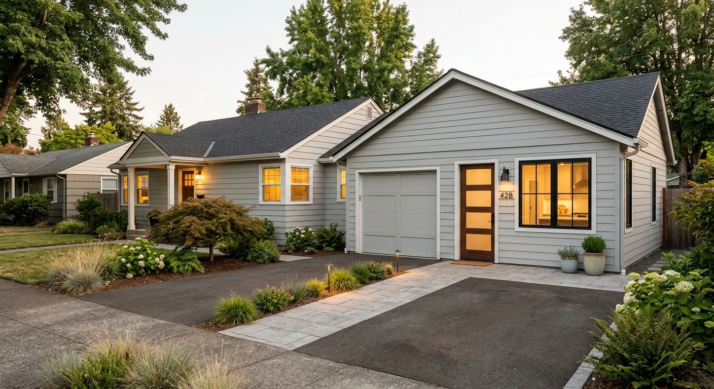 Completed garage conversion ADU at 428 — gray-sided single-story home with attached unit featuring a wood-framed glass entrance door, large windows, exterior lighting, and finished landscaping. The converted unit sits alongside the retained garage bay, showing a successfully permitted attached garage ADU.