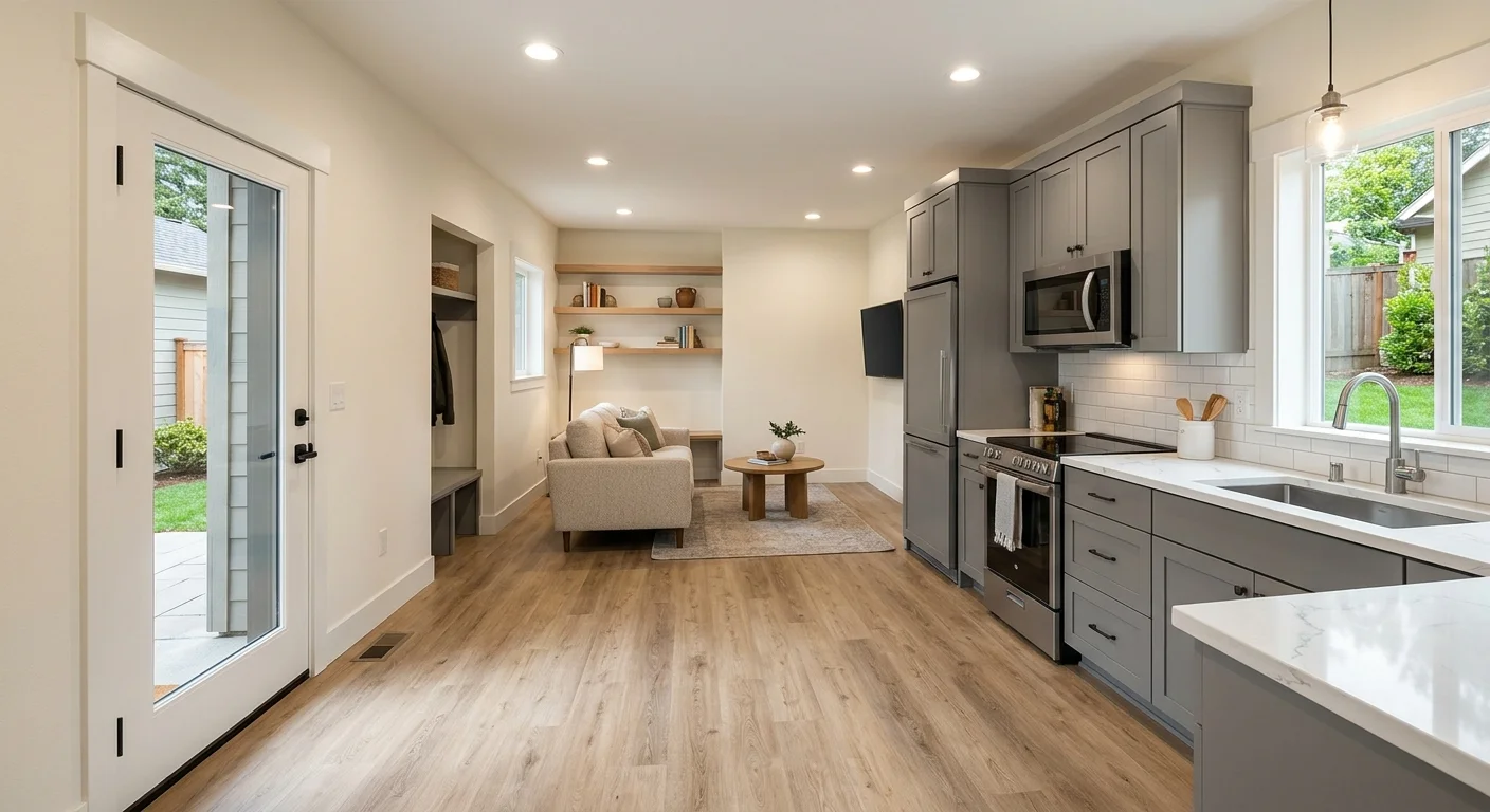 Finished garage conversion ADU interior showing an open-plan living and kitchen space with gray shaker cabinets, white quartz countertops, stainless appliances, subway tile backsplash, luxury vinyl plank flooring, a sectional sofa, and a glass door leading to a private backyard patio — the result of a fully permitted garage-to-ADU conversion.
