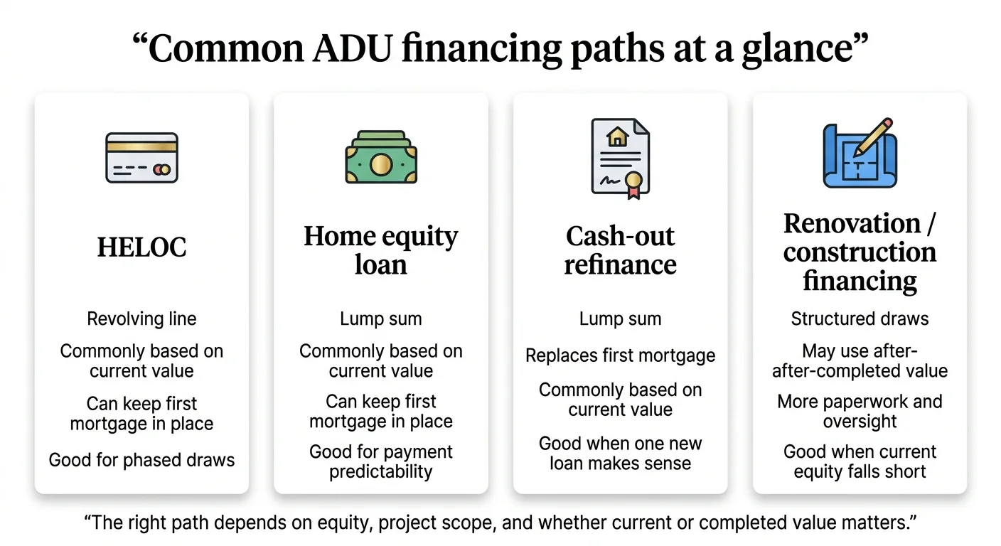 Infographic comparing common ADU financing paths at a glance: HELOC, home equity loan, cash-out refinance, and renovation loan