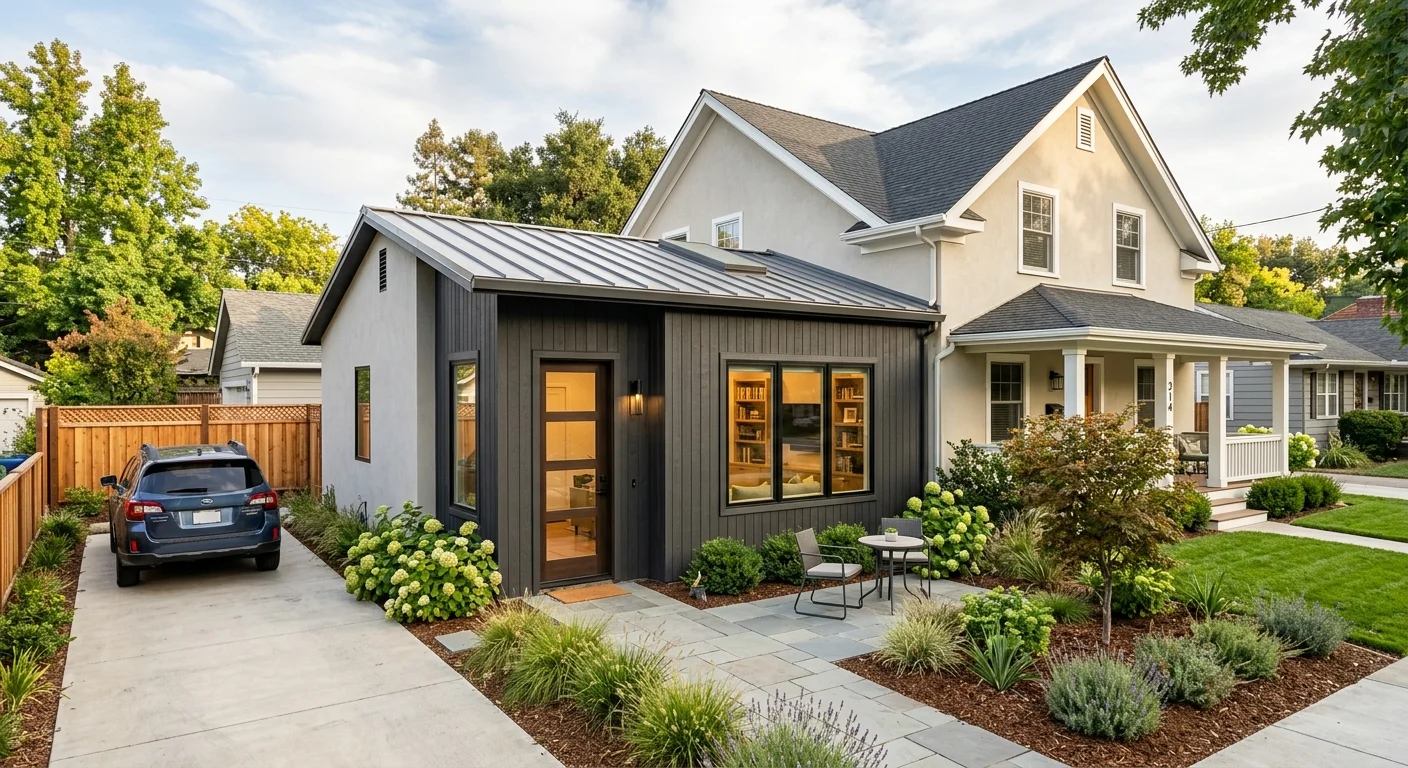 Dark board-and-batten siding detached ADU with warm interior lighting in a suburban neighborhood with established landscaping