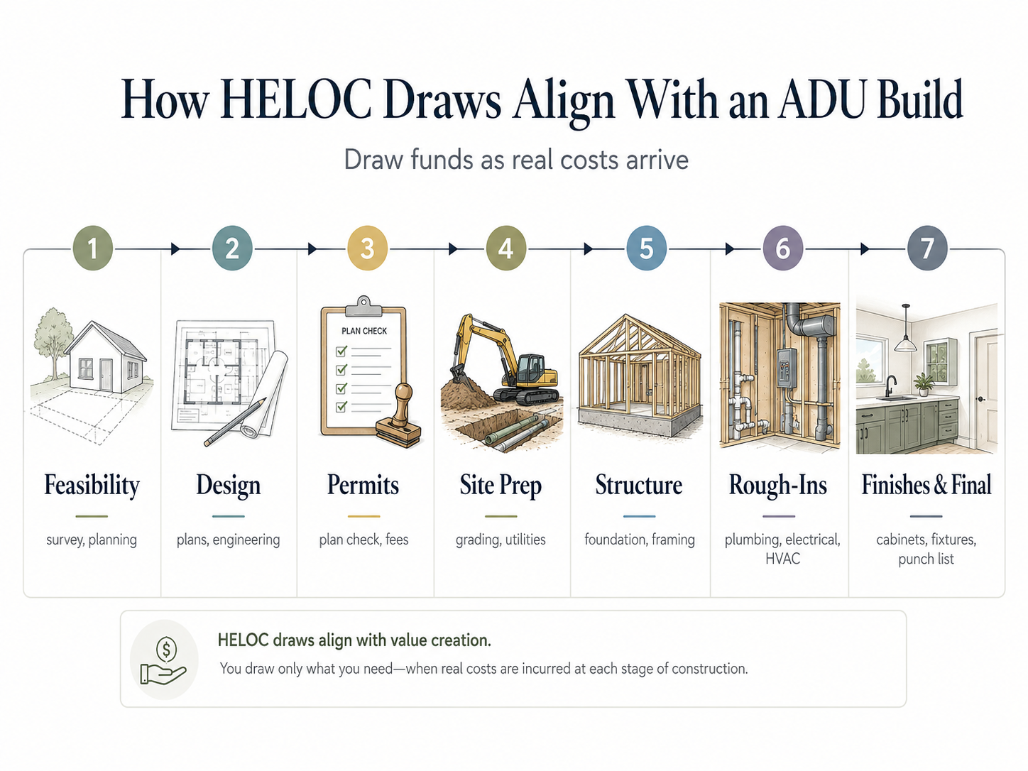 HELOC draws aligned with ADU build timeline showing each construction milestone and cumulative draw