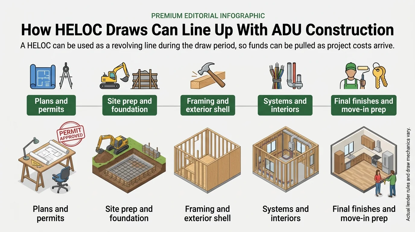 Infographic showing how HELOC draws align with ADU construction phases: plans and permits, site prep and foundation, framing and exterior shell, systems and interiors, final finishes and move-in prep