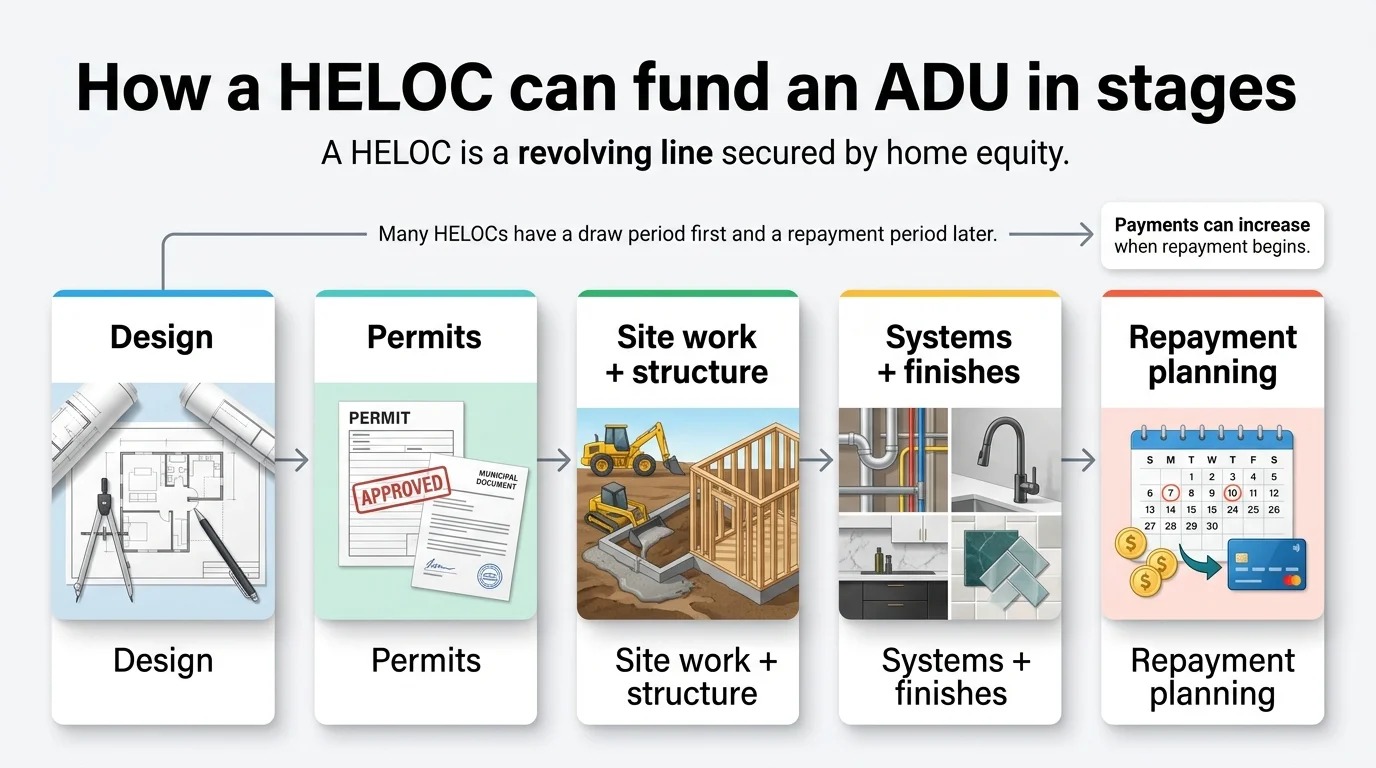 Infographic showing how to align HELOC staged draws with ADU construction phases to minimize interest costs