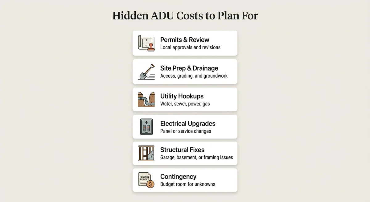 Infographic listing hidden ADU costs to plan for: permits and review, site prep and drainage, utility hookups, electrical upgrades, structural fixes, and contingency budget