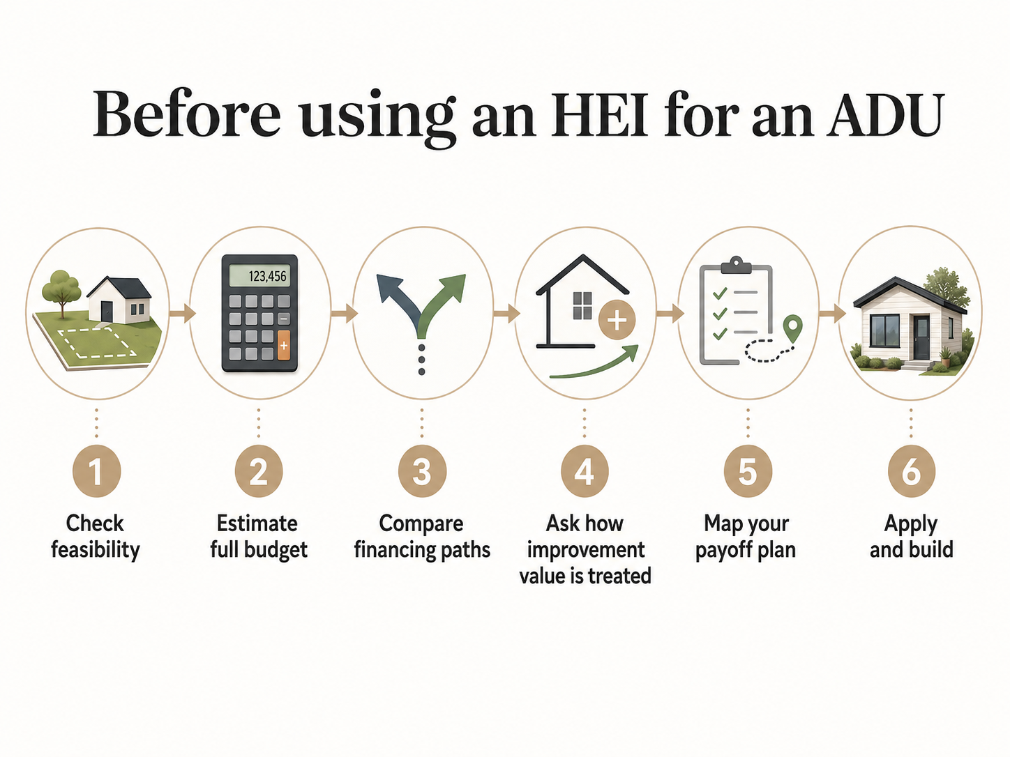 Before using an HEI for an ADU: 6-step checklist infographic showing check feasibility, estimate full budget, compare financing paths, ask how improvement value is treated, map your payoff plan, and apply and build
