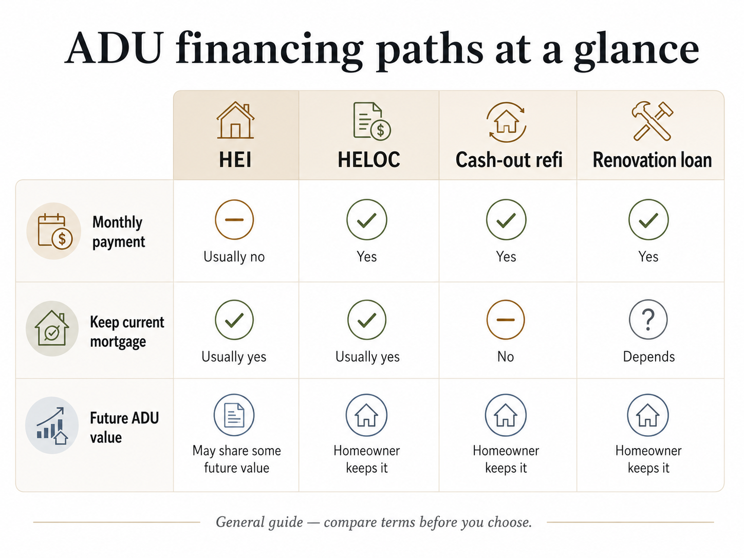 ADU financing paths at a glance: HEI, HELOC, cash-out refinance, and renovation loan compared side by side showing monthly payment, mortgage, and ADU value treatment